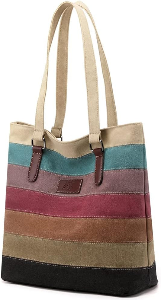 Canvas Handbag Multi-Color Striped Lattice Cross Body Shoulder Purse